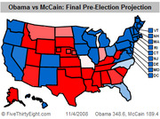 US electoral map showing FiveThirtyEight's final pre-election projection for Obama vs McCain, with Obama at 348.6 and McCain at 189.4.