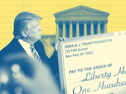 Editorial illustration showing Donald Trump holding a large check from the Donald J. Trump Foundation in front of the US Supreme Court building on a yellow background.
