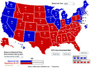 2012 US Electoral College map showing states colored blue for Obama (261) and red for Republican (277), with electoral vote counts per state.