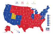 US Electoral College map showing Clinton 270, Trump 262, Other 6, Undecided 0, with states colored blue, red, or gold and labeled with electoral votes.