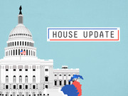 Editorial illustration of the US Capitol building and White House with red and blue trees and a House Update title banner.