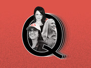 Editorial illustration showing three women in black and white photos arranged inside a large Q symbol on a red background, referencing the QAnon conspiracy movement.