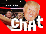 Editorial photo illustration showing a person holding a Donald Trump face cutout at the Republican National Convention with the word Chat overlaid in large white text.