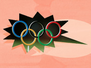 Editorial illustration of the Olympic rings against a starburst shadow shape on a coral pink background.