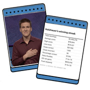 Two illustrated trading-card style graphics showing a photo of James Holzhauer and a stats card summarizing his Jeopardy winning streak.