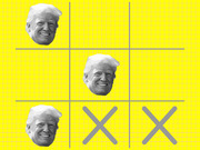 Editorial illustration showing a tic-tac-toe grid on yellow background with three Trump face cutouts as Os and two X marks.