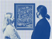 Blue-tinted editorial illustration of two masked museum visitors viewing a framed painting on a grid-patterned wall.