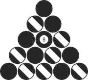 Black and white illustration of 15 billiard balls arranged in a triangular rack formation with the 8-ball visible in the center.