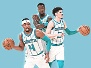 Editorial illustration of three Charlotte Hornets NBA players in uniform against a teal background, holding basketballs.