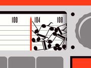Stylized illustration of a radio tuner dial showing frequencies 100, 104, and 108 FM with musical notes scattered across the display.