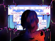 Editorial illustration of a person holding a baby while viewing an anti-vaccine Facebook group, with dark dripping paint surrounding the glowing screen.