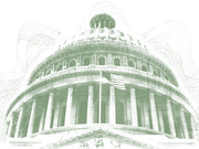 Green-tinted editorial illustration of the US Capitol dome with abstract wave patterns overlaid on a white background.