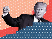 Editorial illustration of Donald Trump raising a fist at a podium, set against a colorful geometric background of salmon, red, and blue with cross patterns.