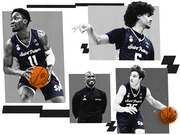 Editorial collage of Saint Peter's basketball players and coach in black-and-white with orange basketballs and geometric graphic elements.