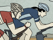 Editorial illustration showing two cyclists racing, one in red and one in blue, rendered in a retro flat graphic style.