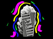 Black and white photo of a hand holding a striped popcorn box surrounded by colorful painted brush strokes on a black background.