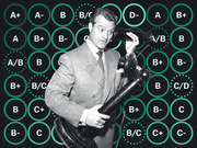 Editorial collage of a vintage black-and-white photo of a man holding an old telephone receiver surrounded by green-circled letter grade icons on a dark background.