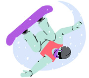 Cartoon illustration of a snowboarder performing an aerial trick with a purple board against a snowy blue circular background.