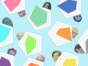 Editorial illustration showing faces of 2020 Democratic presidential candidates peeking out from behind colorful pentagon shapes on a light blue background.