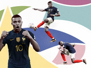 Editorial collage illustration of French soccer player Kylian Mbappé wearing number 10 jersey shown in three poses against colorful abstract background shapes.
