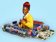 Editorial illustration of a young woman in a yellow jacket emerging from Raymond James Stadium decorated with Super Bowl LV and Chiefs Kingdom signage.