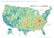 Choropleth map of the US showing percent change in cancer deaths per 100,000 by county from 1980 to 2014, with Loudoun County VA at -46.0% and Owsley County KY at +45.6% highlighted.