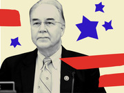 Black-and-white photo of a man in a suit with glasses overlaid on a cream background with red stripes and blue stars evoking an American flag motif.