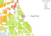 Dot density map of Chicago's South Side showing racial demographics by census block from 2010 Census data, with Hyde Park labeled, using colored dots where 1 dot equals 1 person.