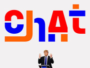 Editorial illustration showing the word 'chat' in large red, blue, and orange letters above a photo of Donald Trump at a podium with hands raised.