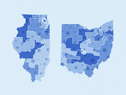 Choropleth maps of Illinois and Ohio showing congressional districts shaded in varying intensities of blue with star icons overlaid on each district.