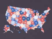 Stylized map of the United States filled with overlapping red and blue circles each containing a percent sign, suggesting a political data visualization teaser or cover art.