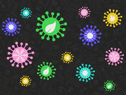 Colorful illustrated virus icons in various colors with seasonal symbols like snowflakes and leaves scattered over a dark calendar background.