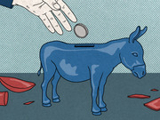 Editorial illustration of a blue Democratic donkey shaped like a piggy bank with a coin slot on its back, as a hand drops a coin in, with broken red pieces on the ground.
