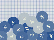 Decorative editorial illustration showing many blue circles of varying shades each containing a percent sign, arranged on a grid-paper background.