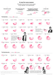 FiveThirtyEight infographic showing rose petal diagrams for every winner on every season of The Bachelor and Bachelorette, where petals represent weeks and sections represent contestants.