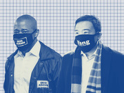 Blue-tinted editorial photo illustration of two NYC mayoral candidates wearing campaign masks: Eric Adams for Mayor and Yang for New York, on a grid background.