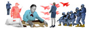 Editorial collage illustration showing military personnel, a woman sorting mail, red fighter jets, a woman in a suit, and armed soldiers in blue gear.