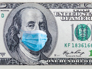 A US $100 bill with Benjamin Franklin wearing a blue surgical face mask, used as editorial illustration for COVID-19 economic impact.