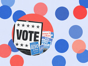 Editorial illustration showing a VOTE sign and campaign yard signs for Texas candidates, surrounded by red and blue polka dots on a light blue background.