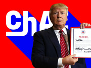 Editorial illustration of Donald Trump holding a Republican Party pledge document against a red and blue graphic background with large text reading ChAos.