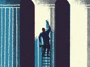 Editorial illustration of a man in a suit standing on a ladder painting or marking a large dark column between classical architectural pillars in blue and red tones.