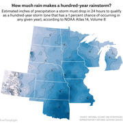 Contour map of the US Midwest and Great Plains showing estimated inches of precipitation needed in 24 hours to qualify as a hundred-year rainstorm, ranging from 3 inches in the West to 9 inches in the South.