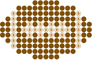 A grid of Bitcoin coin icons arranged in a diamond shape, with some coins highlighted in white to represent a proportion or quantity.