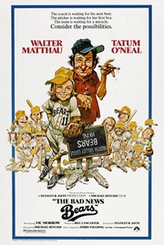 Movie poster for the 1976 film The Bad News Bears starring Walter Matthau and Tatum O'Neal, featuring caricature illustrations of the cast.