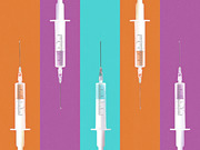 Editorial illustration showing five syringes arranged in a row against colorful vertical stripes of orange, purple, and teal.