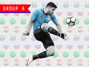 Editorial illustration for World Cup Group A featuring a Uruguay soccer player in blue kit kicking a ball, with circular country flag icons in the background.