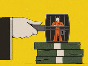 Editorial illustration showing a large hand inserting a key into a barrel-shaped jail cell containing a prisoner in orange, sitting atop stacks of money, symbolizing cash bail.
