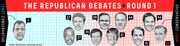 Infographic ranking 2015 Republican debate candidates by Public Statement Ideology Score from least to most conservative, with portrait illustrations and numbered scores.