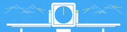 Editorial illustration on a blue background showing a stylized scale or balance with a clock-like dial in the center and mountain outlines on either side.