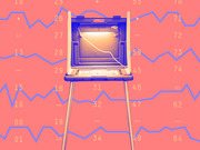 Stylized editorial illustration of a voting machine booth against a coral background overlaid with blue zigzag lines and yellow numbers.